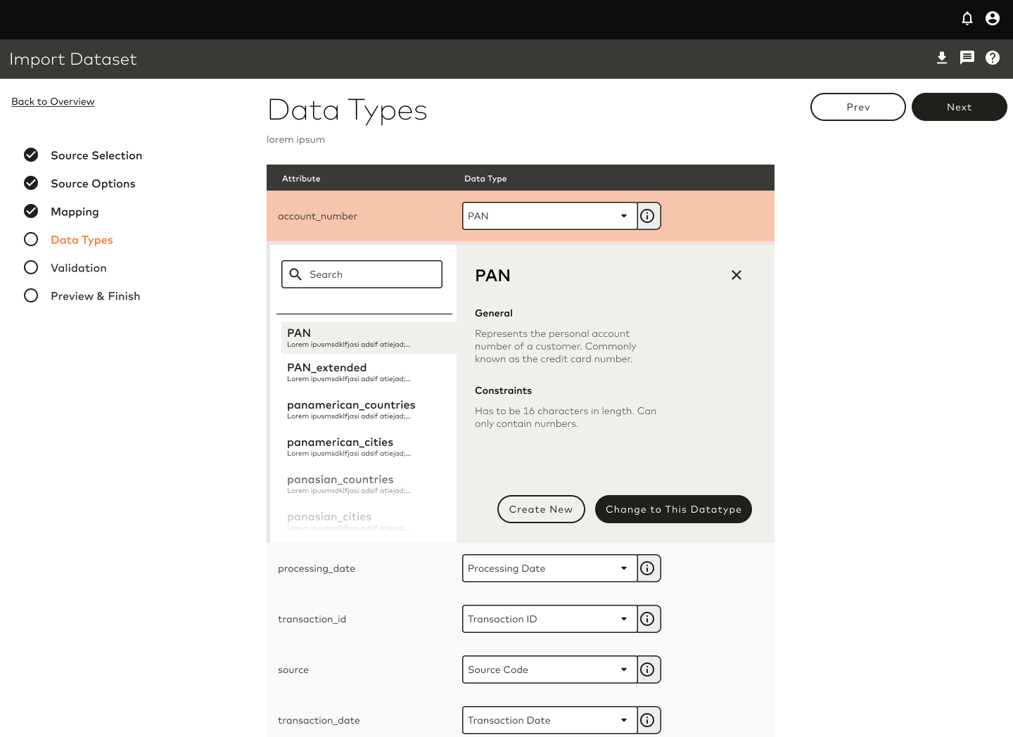wireframe of defining data types in the app