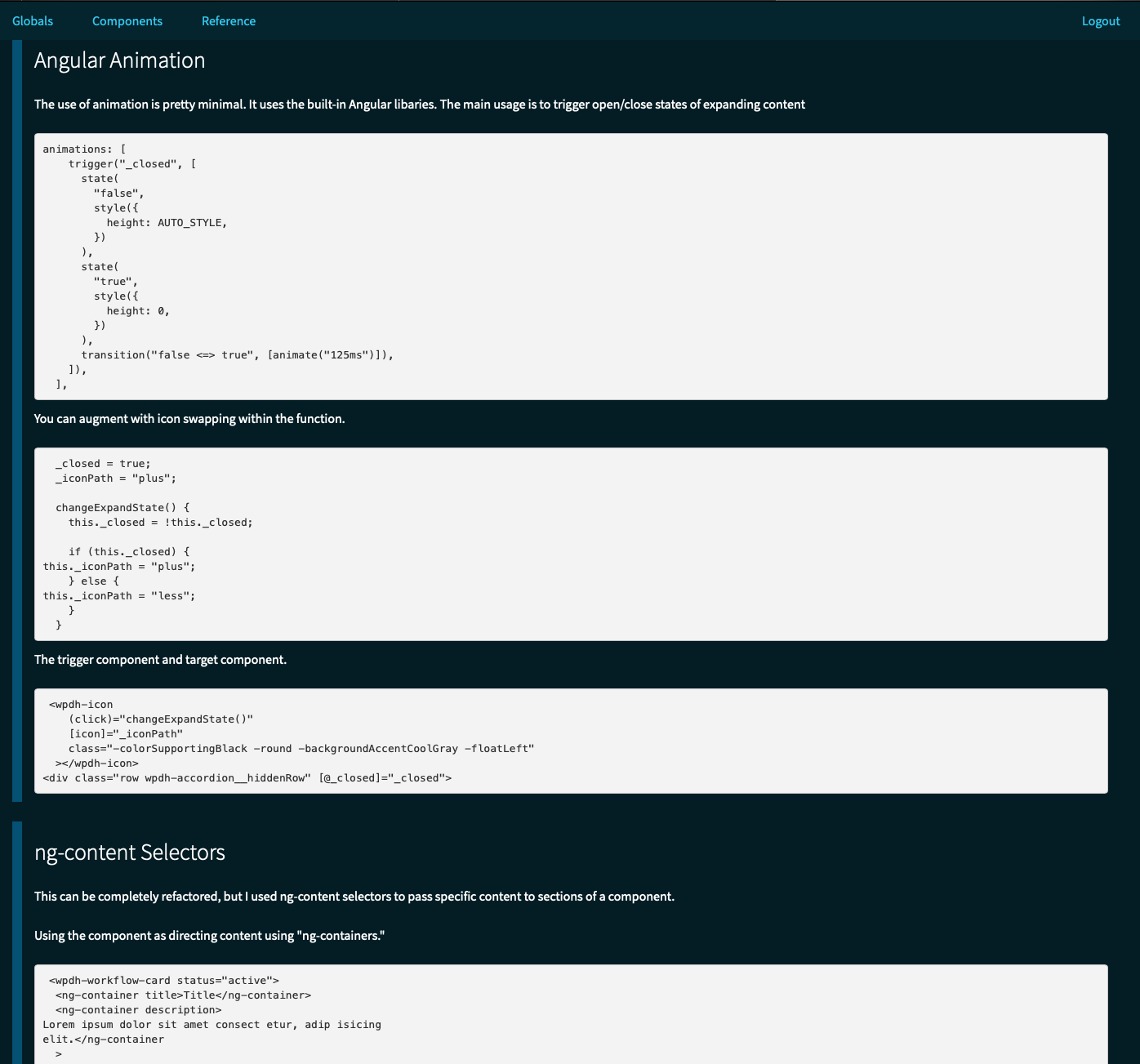 in the styleguide portal, i left a page of special code and considerations for the developers